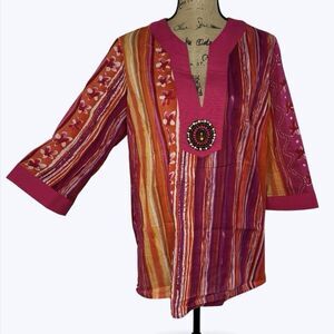 Kim‎ Rogers Tunic Top Sz 1X Beaded Medallion Beach Resort Artsy Floral Indie
